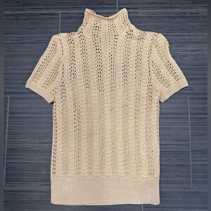 Lauren Ralph Lauren Camel Open Knit Mock Neck Sweater Short Sleeve Size S